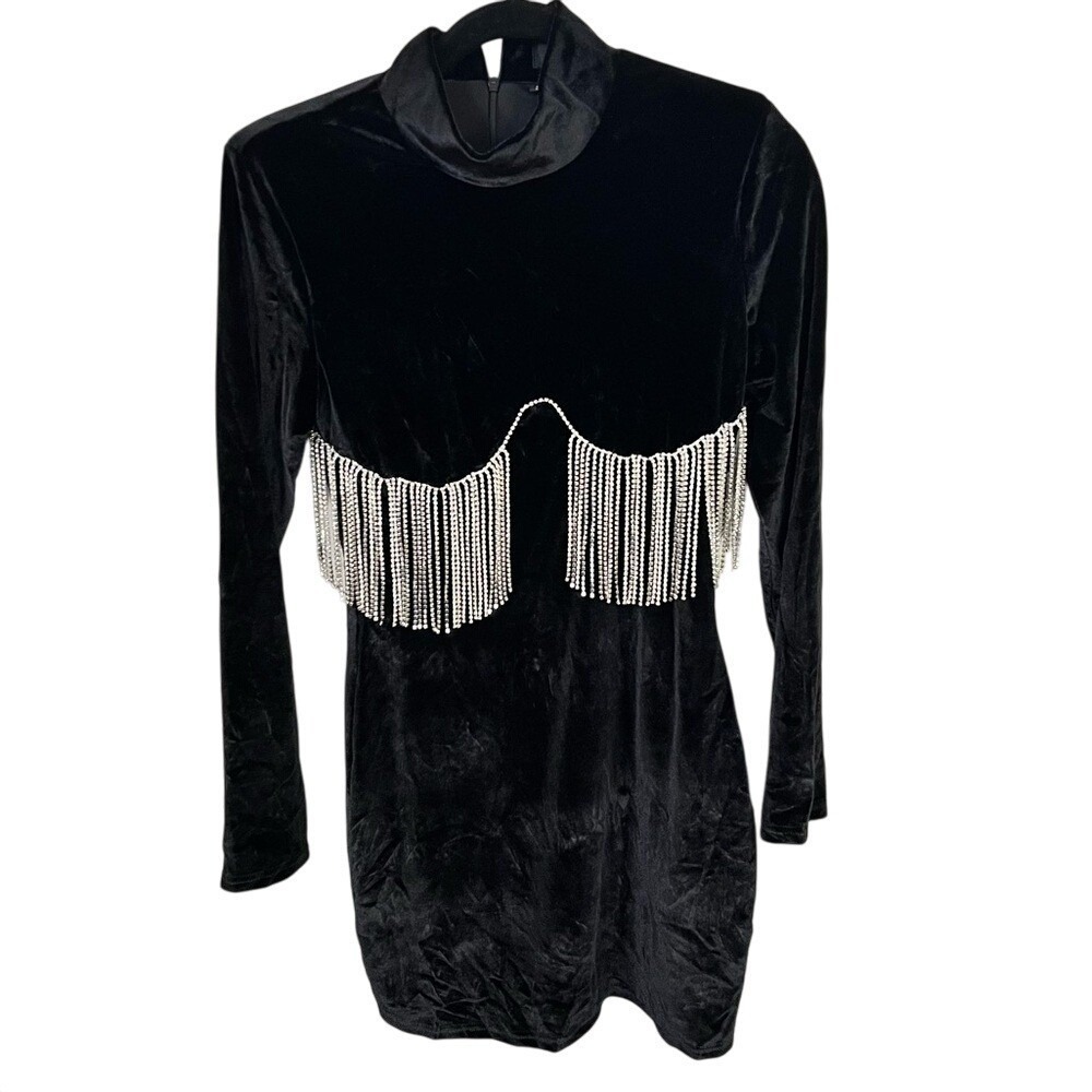 Thiliko Black Velvet Rhinestone Fringe Mock Neck‎ Mini Dress Small Long Sleeve - Picture 2 of 10